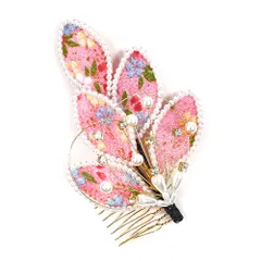 髪飾り コーム型 水引 ラインストーン パール ピンク ゴールド 白 キラキラ リーフ 葉 ちりめん 和柄 小さい かんざし かわい No.9-3411
