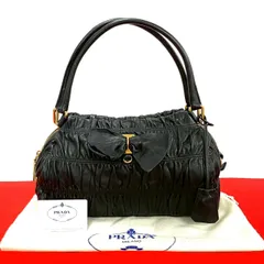極 美品 鍵付き プラダ ロゴ レザー ギャザー リボン ハンドバッグ ブラック 極 美品 袋 鍵付き PRADA プラダ ロゴ 金具 リボン モチーフ