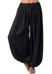 アジアン　エスニック　サルエル　ロングパンツ　黒　無地　ゴム　男女兼用　ゆったり