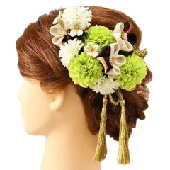 髪飾り 成人式 つまみ細工 振袖 前撮り 袴 浴衣 夏祭り 花火大会 豪華2点セット 黄緑 白 ちりめん 房付き 和柄 ヘアアクセ か No.9-4060