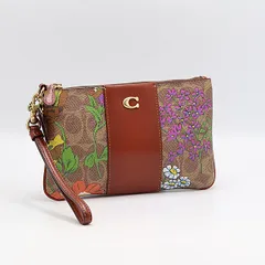 良品 コーチ CJ375 B4PEZ ブラウンレザー リストレット シグネチャー キャンバス フローラルプリント レディースポーチ 2000000 NSK OMI