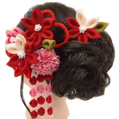 髪飾り 成人式 つまみ細工 赤 振袖 前撮り 袴 浴衣 夏祭り 花火大会 2点セット ピンク 房付き ヘアアクセ 洋かんざし 法被 ヘ No.9-4163