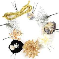 髪飾り 成人式 振袖 前撮り 袴 花 9点セット 白 黒 ブルーグレー 青 灰色 ゴールド ちりめん 花 組紐 レース ニュアンスカラー No.12-0384