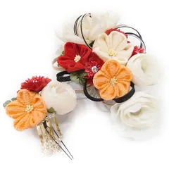 髪飾り 成人式 振袖 袴 ２点セット 白 赤 橙 大人 浴衣 かんざし 簪 卒業式 フォーマル 結婚式 花飾り つまみ細工 ちりめん 水引 ブライダル W 髪飾り 304-202 h749　WSi