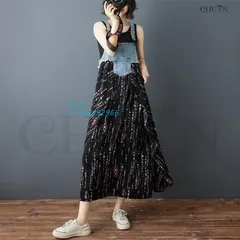 サマーサロペットスカート デニムドッキングワンピース涼感ロングジャンパースカートサロペットスカートシフォン花火プリント 夏ゆったり オールインワン?４Ｌ