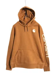 【お得なクーポン配布中!】 US企画 カーハート スウェット フード パーカー レディース L 古着 袖 プリント トレーナー 裏起毛 プルオーバー ミドルウェイト ワーク 茶