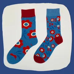 花柄ブルー クルーソックス #003 左右非対称