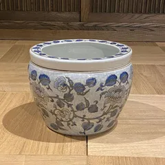 シノワズリ　染付鉢 2点セット 水鉢 睡蓮鉢 陶器 めだか鉢 ハス鉢 浮彫魚缶白 洋蓮 中 10号