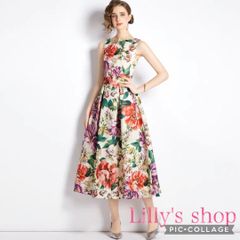 リナシメント 総柄アシンメトリーワンピース ウエストリボン M