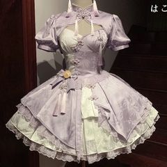 チャイナ風 ロリータ ワンピース  パープル×ホワイト レース付き 量産型 地雷系 清楚 かわいい ドーリーコーデ ゴスロリ　ロリィタ　界隈　推し活　オタ活　ぴえん系女子　ドレス　コンカフェ　コスプレ　パステル　双子コーデ