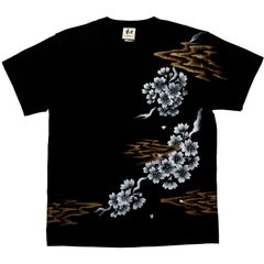桜柄メンズTシャツ ブラック 手描きで描いた桜の花のTシャツ