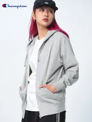 Champion チャンピオン パーカー 裏毛 胸ロゴ ポケット付き フルジップパーカー メンズ 男性 トップス ジップパーカー フード オックスフォードグレー