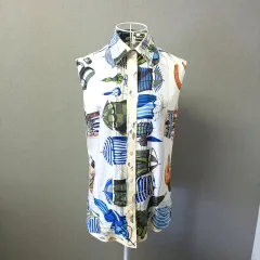 HERMES キルティング ノースリーブ ベスト シルク レディース グレー ELFRANK ベスト ジレ バックフリルダンボールニットロングベスト