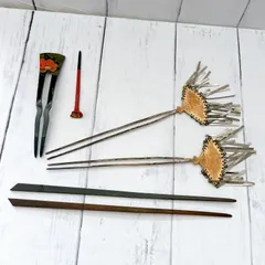 当時物！アンティーク簪6本セット 花柄絵付けかんざし 扇ビラ簪 菊紋 鶴亀