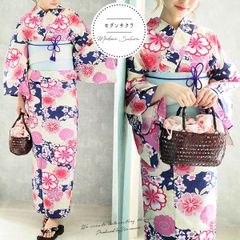 レディース　浴衣 単品 レトロ　モダンサクラ　オフホワイト ネイビー