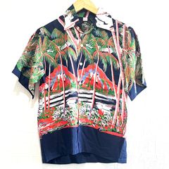 小さいサイズ (^w^)b KONA BAY HAWAII コナベイハワイ シャツ 柄シャツ アロハシャツ 開襟シャツ アメカジ 襟付き 胸ポケット フロントボタン 羽織り 半袖 レーヨン100% 紺系 メンズ サイズXXS