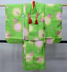 七五三 三歳 女児 被布コート 着物 長襦袢 3点セット 黄緑色 祝着 刺繍入りの半衿 伊達衿縫い付け済 お仕立て無料 NO41202
