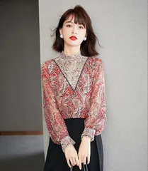 【レッド・Ｌ】ペイズリー 長袖 ブラウス 刺繍 レース シフォン　シースルー