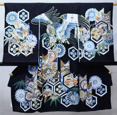 お宮参り 産着 のしめ 男児 男の子 正絹 綸子地 豪華絢爛 金刺繍 黒地 鷹 祝着 一つ身 掛け着 熨斗目 NO42274