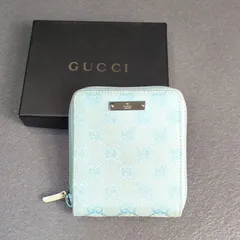 GUCCI 　キャンバス生地　ライトブルー ラウンドジップ　2つ折り財布　グッチ　箱付　金プレート　水色