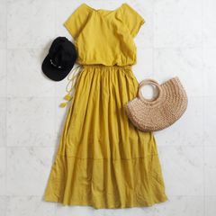週末限定割引きクーポン発行中♪WEB限定品【SALON adam et rope'サロン アダムエロペ】フレンチスリーブギャザーワンピース  2WAY イエロー フリーサイズ　コットン100%