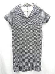 ◇ ⊂ antiqua アンティカ 風車柄 レトロ ストレッチ素材 半袖 ひざ丈 ワンピース サイズF ブラック系 レディース E  【1410290035979】