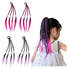 【特価セール】三つ編み 編み込み グラデーションカラー ヘアエクステ ウィッグ キッズ 髪 カラフル 髪の毛 4枚入 付け髪 ワンタッチ キッズ ダンス 発表会 YOVOY フェス ハロウィン コスチューム (パープル色＊2、ピンク色＊２、４枚)