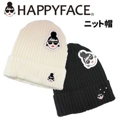 ハッピーフェイス happyface ニット帽 ホワイト ブラック かわいい おしゃれ  モノトーン モノクロ シンプル ワンポイント 帽子 防寒 エマ レディース エマちゃん