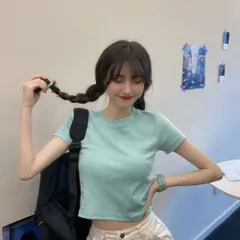 ☆ ブルー ☆ XLサイズ ☆ ショート丈トップス Tシャツ Tシャツ 半袖 レディース ショート丈 半袖Tシャツ 半袖tシャツ tシャツ シャツ ショート カットソー レディースカットソー ミニ丈 へそ出し クルーネック 無地 フェミニン ベーシック