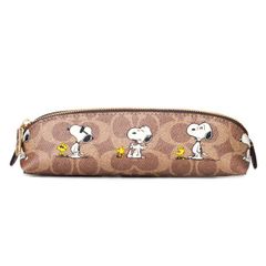 コーチ ペンケース スヌーピー COACH ピーナッツ コラボ ウッドストック レザー シグネチャー ペンシルケース タン×ブラウンマルチ CBT17