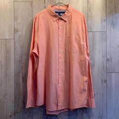 TOMMY HILFIGER 長袖シャツ ストライプ柄 オレンジ ポケット付き ビッグサイズ【メンズXL】