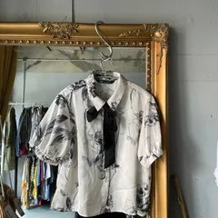 ＠　ZARA ザラ　半袖　花柄　サテン　ブラウス シャツ トップス　リボン　総柄　モノクロ　サテン　お呼ばれ　デート　オフィスカジュアル　食事会