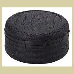 『竹』蓋付き丸タイプ小物入れ「22×12cm」（ブラック）　※アジアン雑貨,和室,かご,バスケット,ボックス,入れ物,まとめ買い,竹製,激安,箱,黒色,レトロ,昭和,フタ,かぶせ,まる,飾り,天然素材