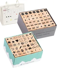 S.fields.inc 木製スタンプ はんこ 84個セット ゴム印 カレンダー 数字 曜日 日付 天気 日記帳