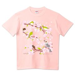 春桜 0540 メジロ ヒヨドリ スズメ お花見日和 Tシャツ半袖