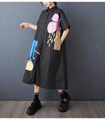 モード系  ファッション  プラスサイズ  婦人服  新しいスタイル  ゆったりとした  プリント  スプライシング  カジュアル  半袖シャツドレス