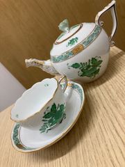 △ヘレンド アポニーグリーン☆ティーカップ＆ソーサー 200ml＆ティーポットセット