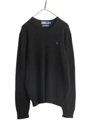 【お得なクーポン配布中!】 90s ポロ ラルフローレン Vネック ラム ウール ニット セーター メンズ M / 古着 90年代 オールド 無地 ハイゲージ ワンポイント ブラック