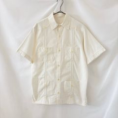 【M】60s ヴィンテージ 古着 キューバシャツ 半袖 コットンリネン 猫目ボタン ボックスシルエット 民族衣装 ホワイト 生成り