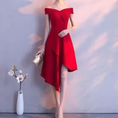 左右アシンメトリーのシンプルオシャレなオフショル ドレス