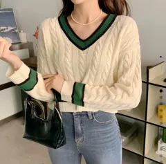 グリーン バイカラー ケーブル編み 半クロップド丈 ニット