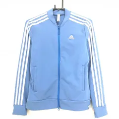 【美品】アディダス ジャケットブルゾン ライトブルー×白 袖3ライン ロゴ刺しゅう レディース M ゴルフウェア adidas