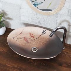 信楽焼 手洗い鉢 洗面ボウル 陶器 幅49.5cm 大型サイズ 赤絵付き楕円手洗い鉢 tr-4094