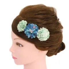 髪飾り 成人式 振袖 前撮り 袴 花 浴衣 夏祭り 花火大会 豪華3点セット 青 水色 黄緑 エメラルドグリーン グラデーションカラ No.9-4475