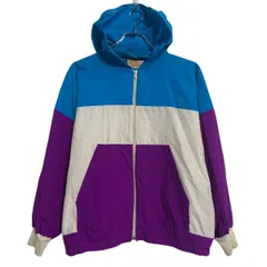 ジャケット L 程 ブルー ホワイト パープル ジップアップ フード付き アウター 薄手 古着卸 アメリカ仕入 a612-5404
