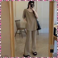 セットアップ レディース 夏服体型カバー ゆったり アンサンブル 着やせ おしゃれ 半袖カットソー フレアパンツ 冷感タッチ 上下セット 無地 韓国 ハイウエスト ルームウェア部屋着 カジュアル セット ツーピースセット春