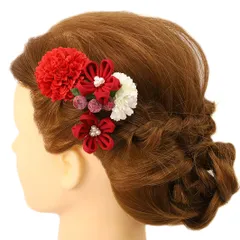 髪飾り 成人式 振袖 浴衣 卒業式 袴 結婚式 3点セット 赤 白 花 和 洋 パール かんざし 手作り 簪 つまみ細工 ちりめんフォーマル 花飾り 玉飾り ブライダル W 28 303-214 赤 白色 o725　Si