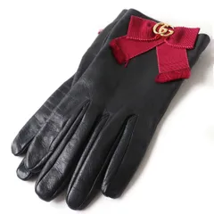 美品◇正規品 GUCCI グッチ 434223 GGマーモント×リボン付 裏地シルク100% ラムレザー グローブ 手袋 ブラック×レッド レディース 7 伊製のサムネイル