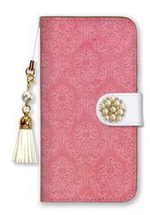 iPhone12 Pro Max ケース 手帳型 アイフォン12 プロマックス スマホケース パール デコ ストラップ付  おしゃれ レザー ダマスク柄 上品 大人 可愛い かわいい ブランド ピンク カラー02