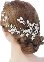 DADGAD ヘッドドレス 髪飾り ウェディング ブライダル リーフ パール 結婚式 成人式 卒業式 発表会 演奏会 ヘッドアクセサリー シルバー(シルバー)
